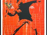 a painting of a man with a flower in his hand on an orange background