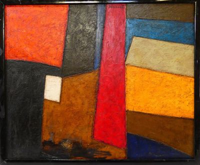 abstract painting of multicolored shapes in a black frame