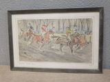 painting of a group of people riding horses in the snow