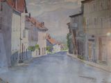 un tableau représentant une rue bordée de bâtiments de part et d'autre