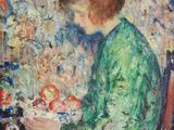 une image représentant un tableau où l'on voit une femme assise devant des fleurs