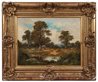 un tableau représentant un paysage avec une rivière et des arbres
