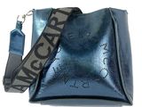 a blue purse with a black strap and a name tag on it