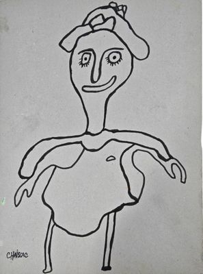 drawing of a woman with a hat and a dress on her head