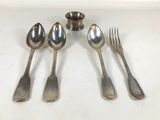 four spoons and two forks are sitting on a white surface