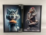 two framed pictures of a cat and a woman with food