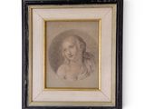a drawing of a woman with long hair in a black frame