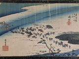 a picture of a painting of people walking on the beach