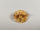 a close up of a gold broochle on a white surface