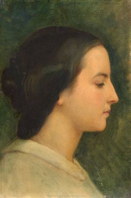 un tableau représentant une femme de profil, les yeux fermés