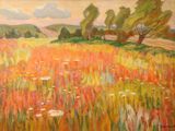 une peinture à l'huile représentant un champ de fleurs avec des arbres en arrière-plan