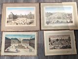 quatre photos encadrées représentant des bâtiments et une fontaine, posées sur un plancher en bois