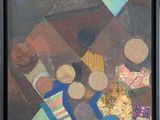 abstract painting of a group of objects on a table with a black frame