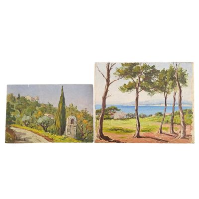 deux tableaux représentant des arbres et une vue sur l'océan