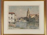 aquarelle encadrée représentant un paysage fluvial avec une église en arrière-plan