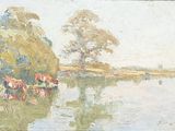 a painting of cows by the water with trees in the background