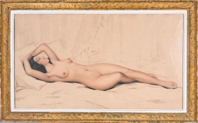 painting of a nude woman laying on a bed in a gold frame