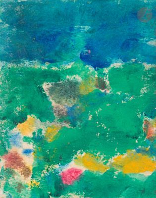 une peinture abstraite représentant un champ vert avec un ciel bleu en arrière-plan