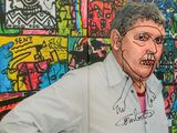 a painting of a man with a drawing on it