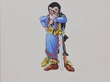 peinture représentant un personnage de dessin animé tenant une épée et vêtu d'une tenue bleue