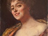 un tableau représentant une femme en robe dorée