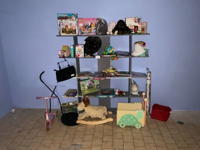 une étagère sur laquelle sont posés des jouets et des livres, dans un coin de la pièce
