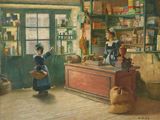 a painting of two women standing in a store