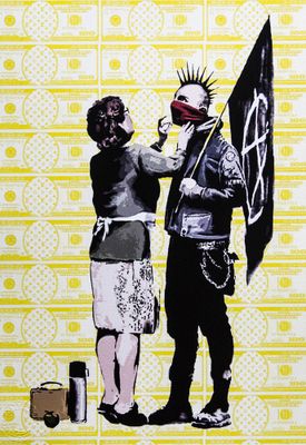 tableau représentant un homme et une femme avec un drapeau, sur fond jaune