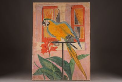 a painting of a parrot sitting on top of a table