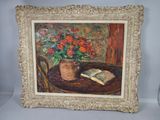a painting of a vase of flowers and a book on a table