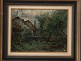 an oil painting of a farm scene with a house in the background