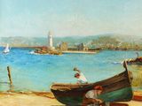a painting of a boat on the beach with people on it