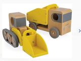 two wooden construction vehicles that are next to each other