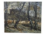 une peinture à l'huile représentant un paysage boisé avec des arbres et un banc