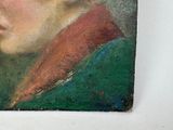 a painting of a young man with a red hat