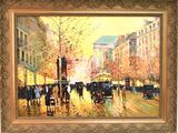 tableau représentant une scène de rue urbaine avec un cheval et une calèche