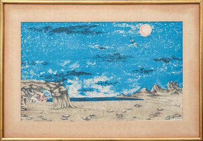 tableau représentant une scène de plage avec une pleine lune dans le ciel
