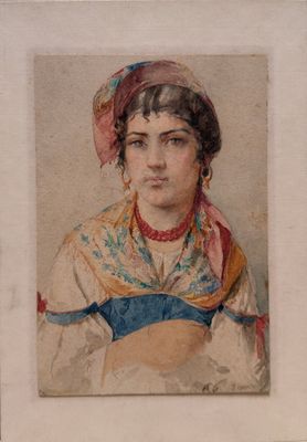 painting of a woman with a red head scarf and a blue and white dress