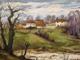 a painting of a rural scene with houses on a hill