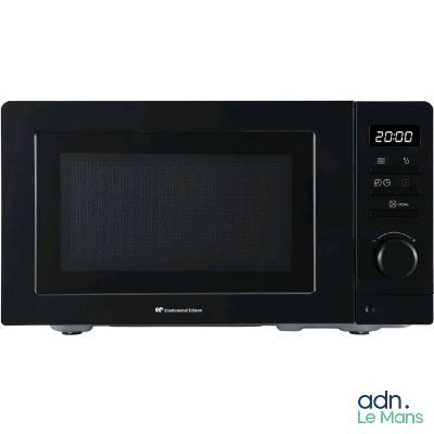 a black microwave oven with a digital clock on the front