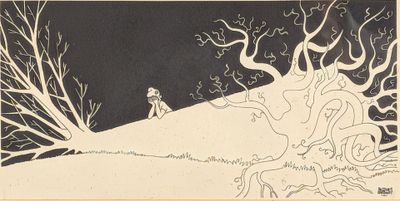 an image of a black and white drawing of a man walking down a hill