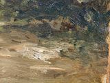 an oil painting of a man and a dog in a wooded area