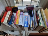 a lot of books that are sitting on a window sill