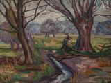 a painting of a man riding a horse in a field