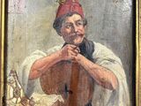 un vieux tableau représentant un homme avec un violon appuyé contre une table