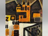 an image of a painting of a town with a clock tower