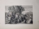 an old book with a drawing of a group of people in a forest