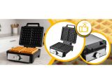 two pictures of a waffle maker and a toaster on a counter