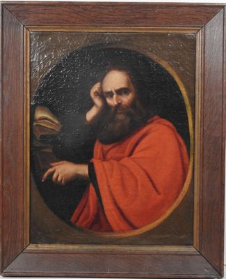 an oil painting of a bearded man holding a book in a wooden frame