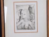 drawing of a woman with a cat by a mirror in a room